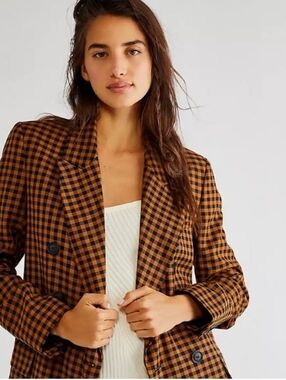Free People Ashby Checkered Orange And Black Oversized Blazer Jacket